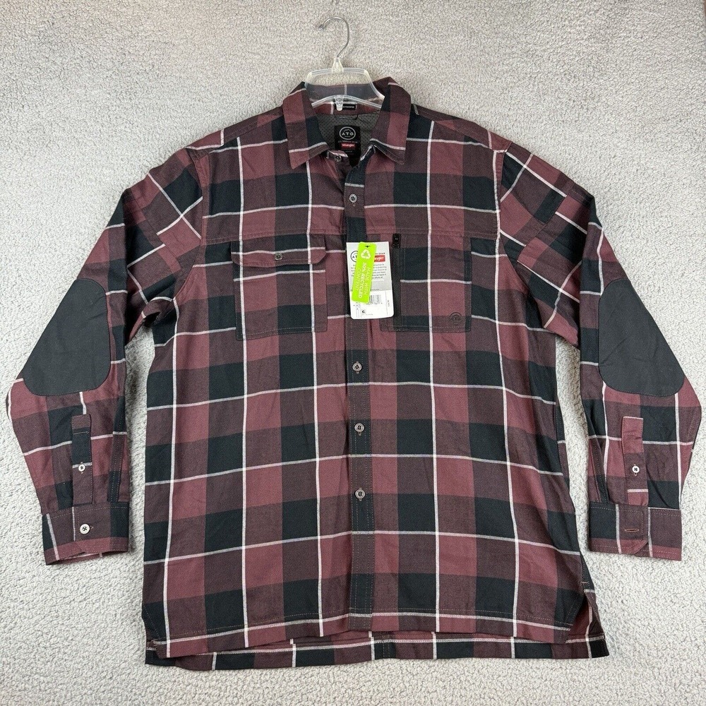 Wrangler ATG Flannel Shirt Mens Large Red Maroon Plaid Regular Fit Long Sleeve - Picture 2 of 14